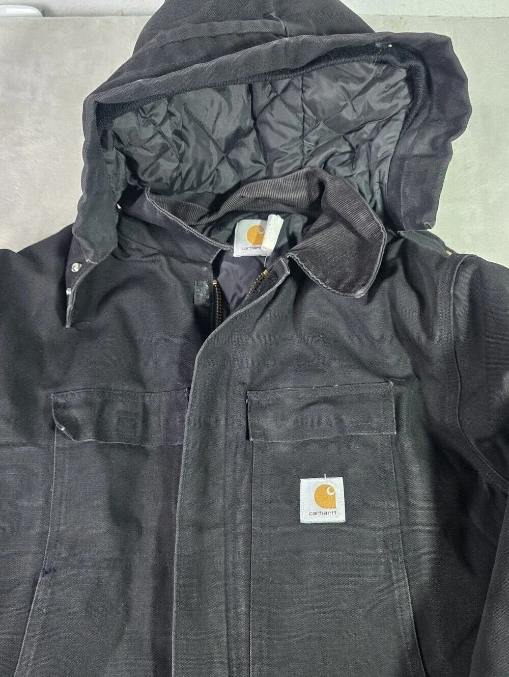 Vtg Carhartt Hooded Jacket Mens 54 Tall Black Arctic Canvas Chore Quilted C03